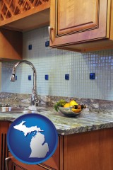 michigan map icon and a granite countertop