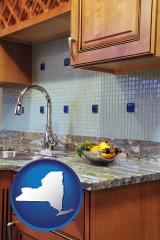 new-york map icon and a granite countertop