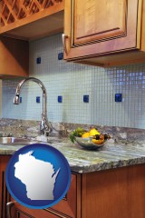 wisconsin map icon and a granite countertop